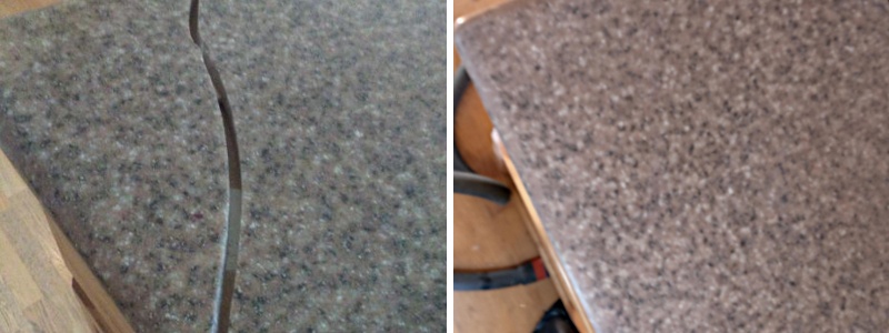An island countertop that cracked. We repaired the crack, using the same material. An invisible repair that allows the island to be used again.