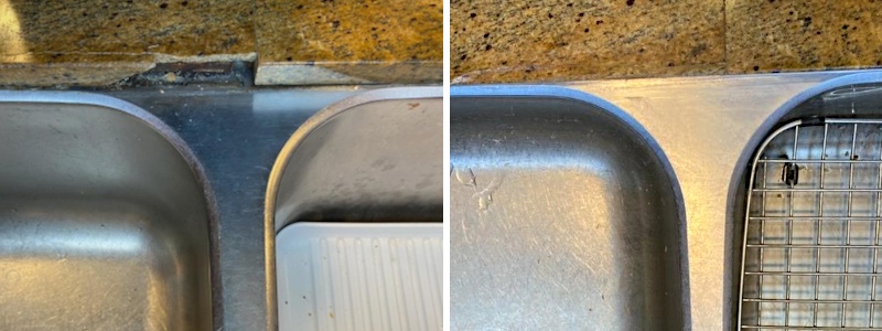 Granite countertop edge cracked near a sink. Repaired with no issues.